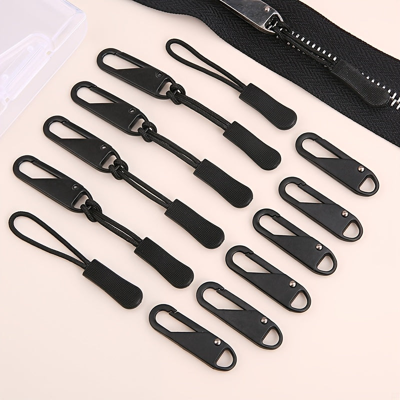 Lot de 41 tirettes de fermeture éclair noires, doubles faces, avec curseur détachable, idéales pour bagages, vêtements, sacs et accessoires outdoor.