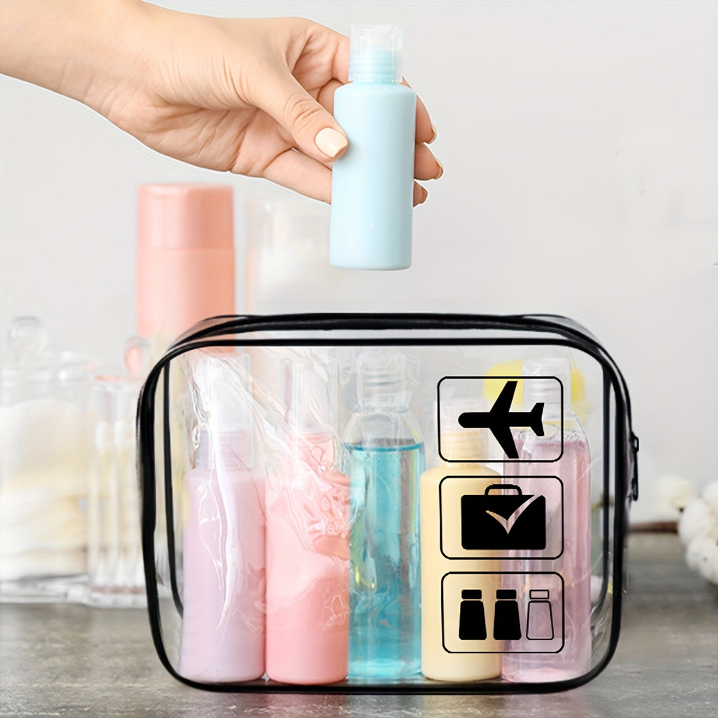 Trousse de toilette transparente avec ouverture à bouchon, pliable et verticale, pratique pour voyage, salle de bain ou shopping.