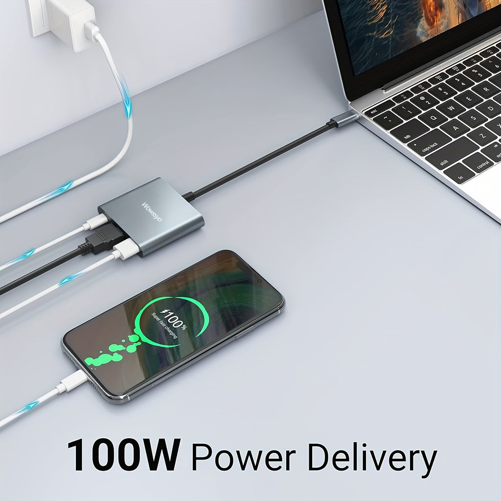 Hub USB-C 3-en-1 Wowssyo : Adaptateur aluminium, ports USB 3.0, PD 100 W, sortie 4K HDTV, compatible MacBook, iPad, PC et Nintendo Switch.