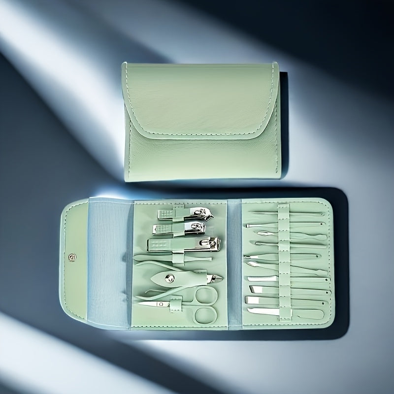 Set 16 pièces soins des ongles en acier inoxydable, lime, cure-oreille et ciseaux, style moderne, idéal voyage et usage professionnel.