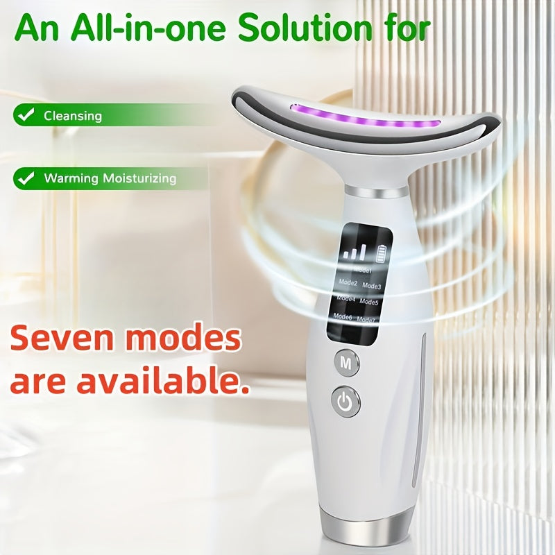 Appareil rechargeable visage et cou, 7 modes, massage vibrant et chauffant, USB, design ergonomique, idéal soins à domicile et cadeau beauté.