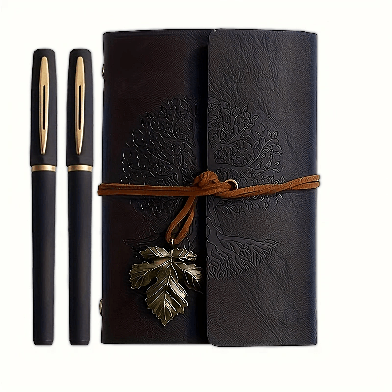 Coffret 3 pièces : carnet spiral vintage en cuir PU et 2 stylos gel noir et doré, design arbre, idéal pour écriture, croquis et voyage.