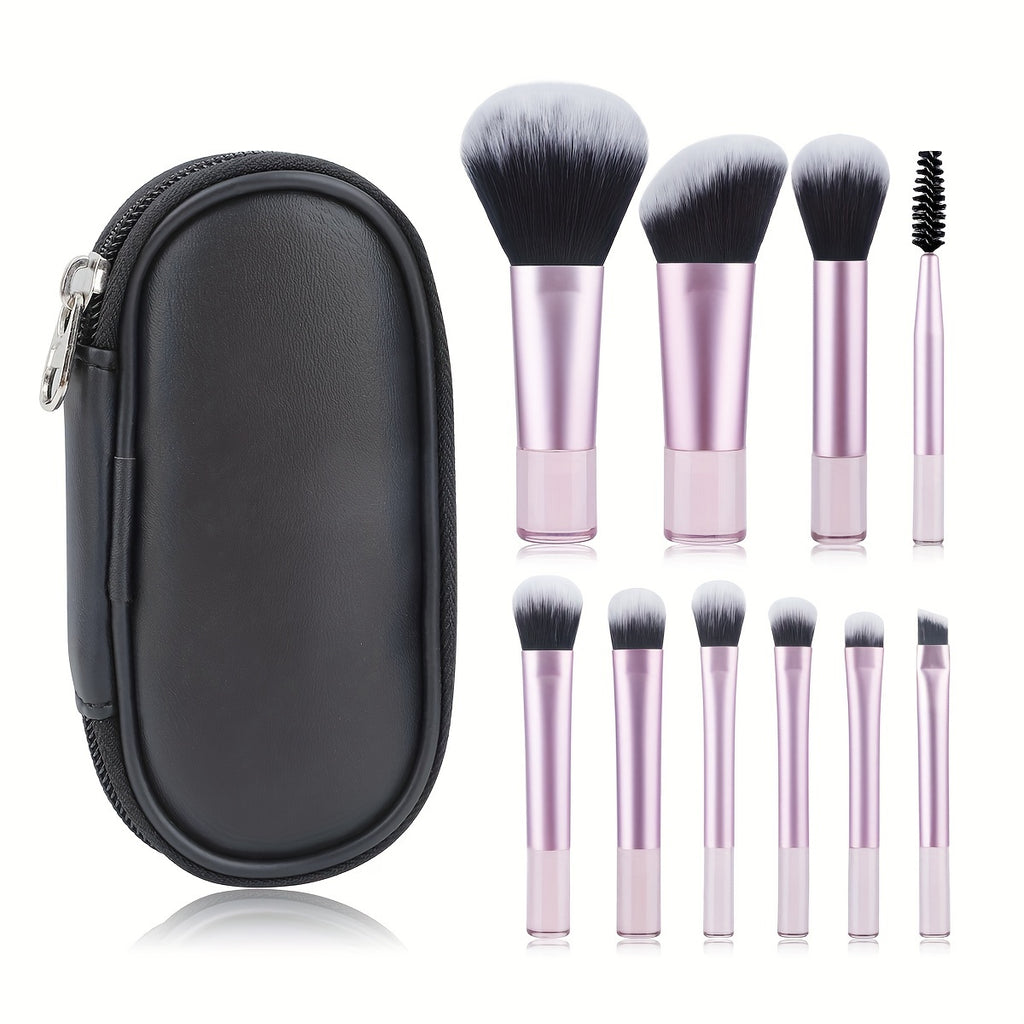 Set mini pinceaux maquillage 10 pièces avec pochette, portable, pour poudre, contour, yeux, sourcils et correcteur, idéal cadeau.