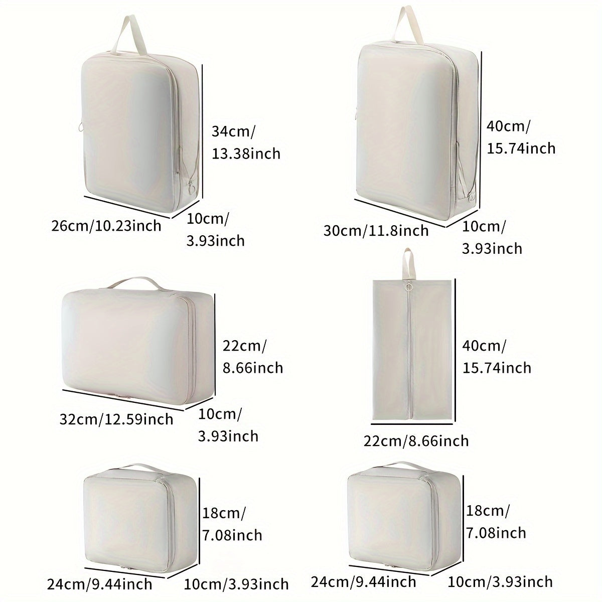 Ensemble minimaliste de 6 cubes de compression en polyester durable, idéal pour organiser vêtements et articles de toilette dans les bagages.