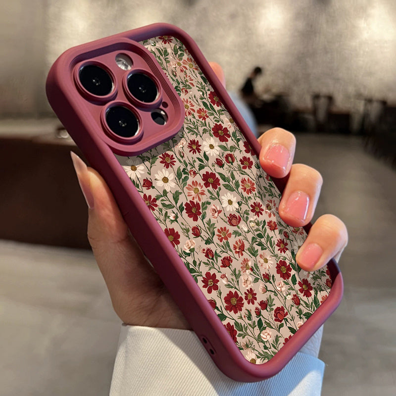 Coque rétro rouge vin avec motif fleurs et herbes, protection antichoc complète, couvre lentille, compatible iPhone 14 à 16 Pro Max, design élégant.