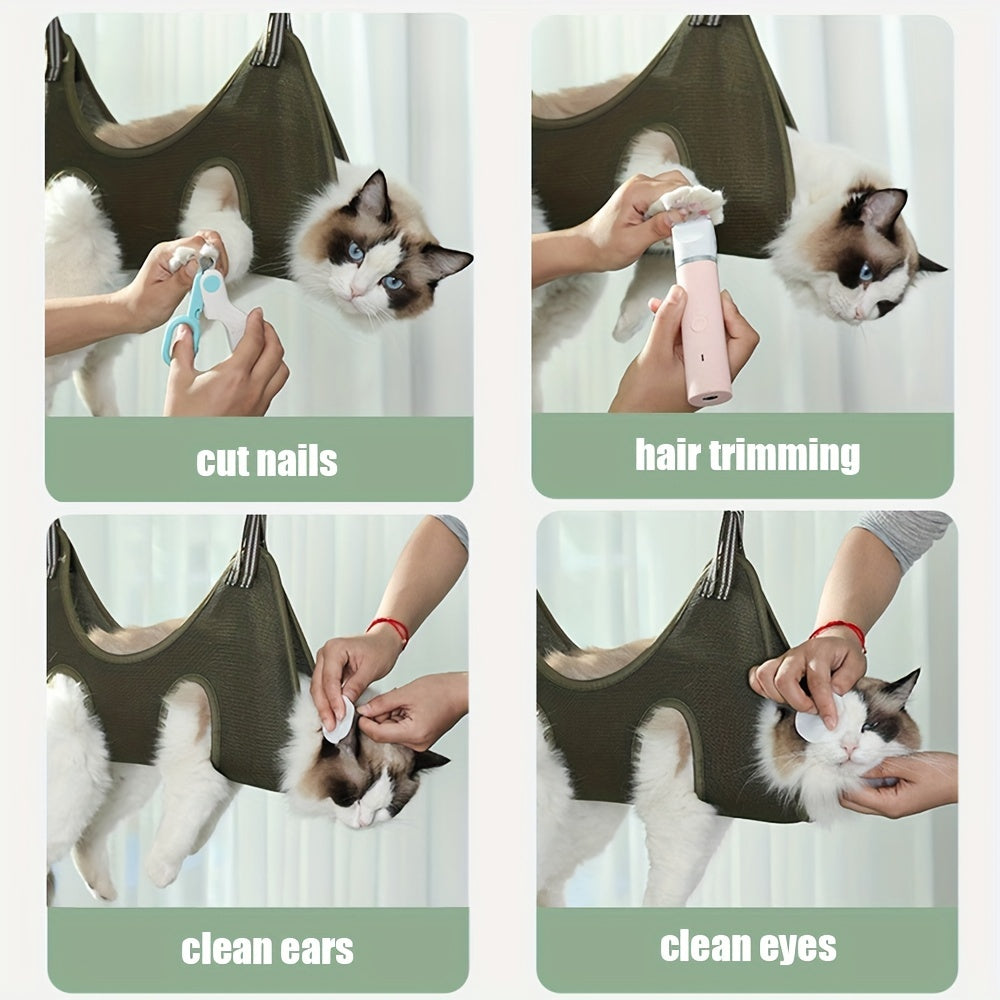 Trousse de toilettage pour chats avec sac de fixation. Inclut tondeuse, coupe-ongles, et sac de bain anti-morsure pour un toilettage sécurisé.