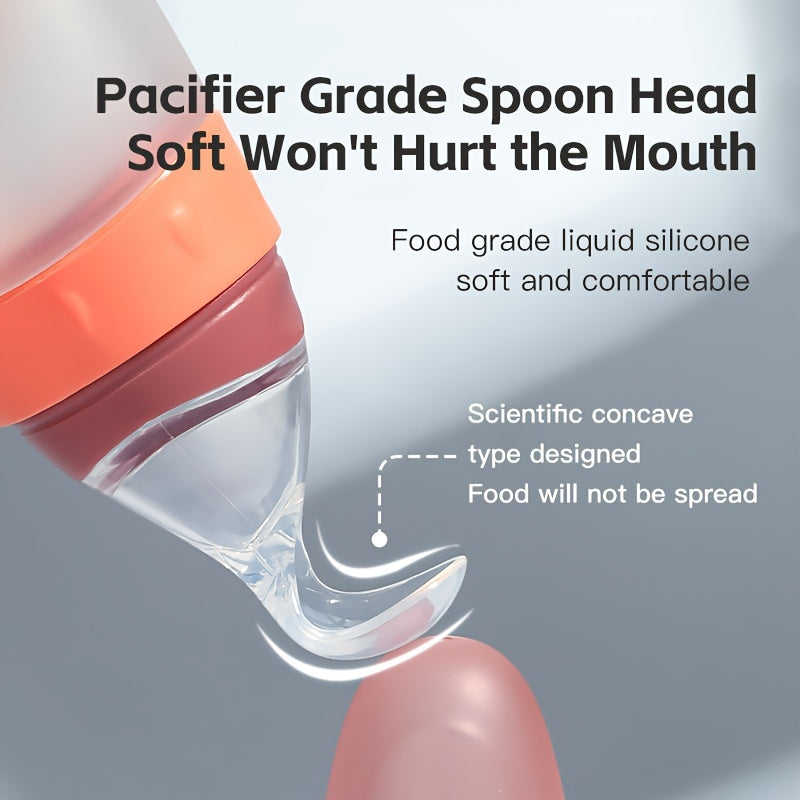 Biberon doseur 100 ml en silicone liquide, avec cuillère intégrée, idéal pour nourrir bébé avec pâte de riz ou aliments liquides.