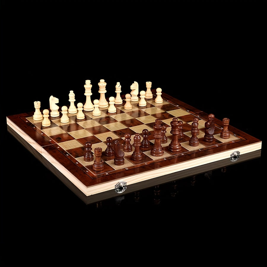 Jeu d’échecs en bois 3‑en‑1, pliable et portable, tailles 24 cm et 34 cm, idéal pour parties à emporter.