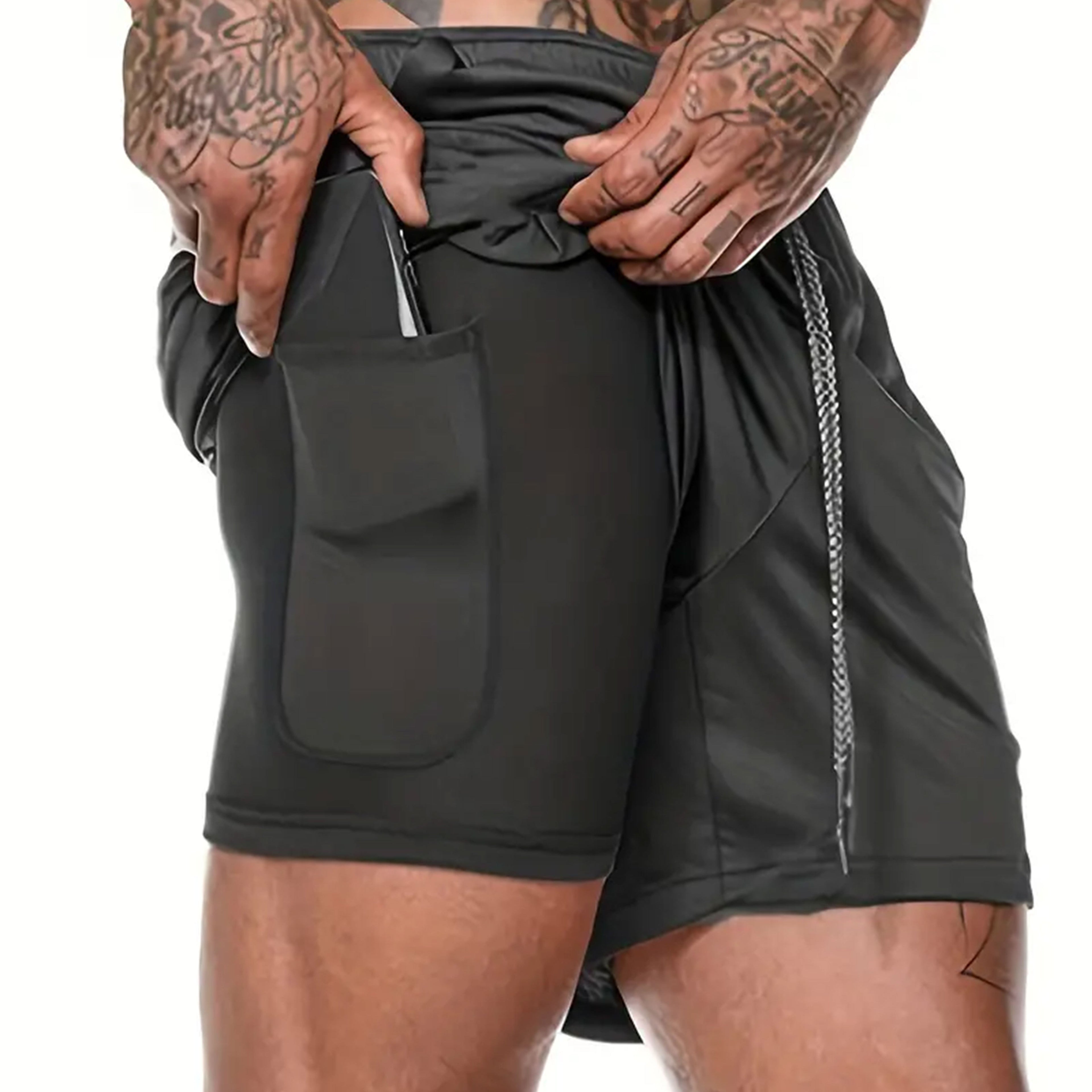 Shorts hommes 2-en-1 été, sport extérieur, cordon ajustable, poches sécurisées, tissu respirant et séchage rapide, parfait gym et running.