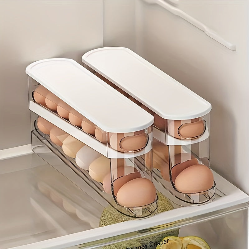 1 Space-Saving Double-Layer Transparent Automatic Rolling Egg Storage Box with Lid - Heavy-Duty PP Plastic, 4-Tier Egg Organizer for Fridge Door and Countertop, Food-Safe Kitchen Storage Solution, Essential Refrigerator Egg H