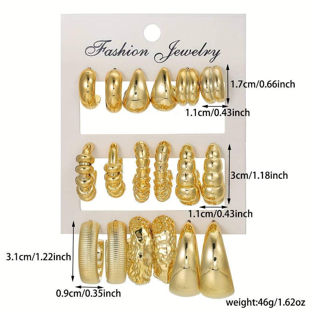 Lot de 6 ou 9 paires de boucles d’oreilles résine en C oversized, parfaites pour fêtes et cadeaux féminins.