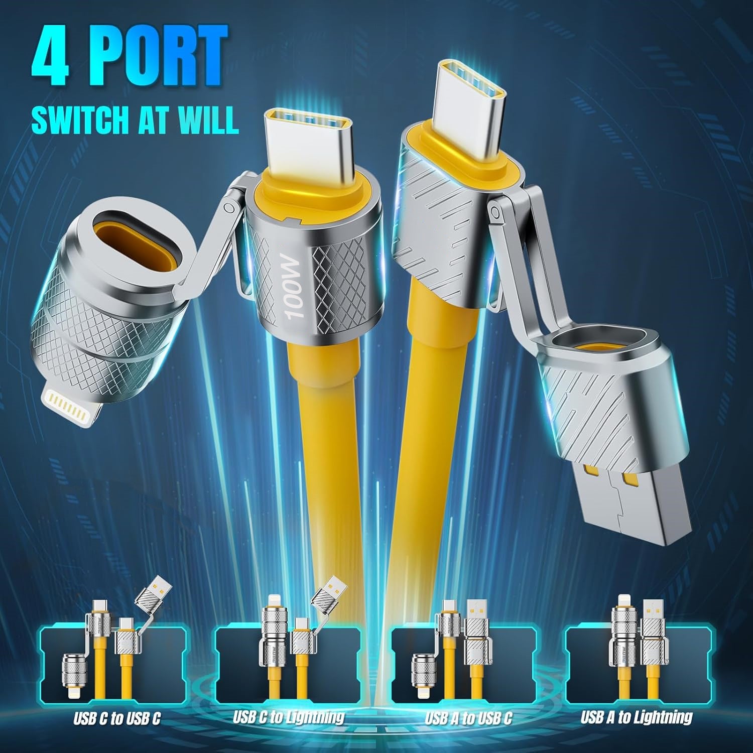 Câble de Charge 4-en-1 USB-C 100W : Type C/A vers C/Lightning, compatible iPhone, MacBook, iPad, Samsung, Huawei, Xiaomi, recharge multiple universelle.