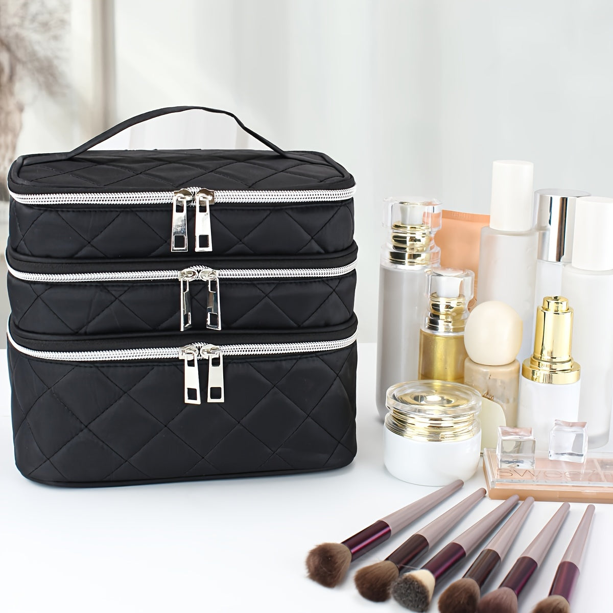 Large Capacity Black Rhombus &amp; Travel Organizer Handbag - 3-Tier/Double-Layer Portable Makeup Case with Golden-Tone Zippers, White Piping Trim, Durable Multi-Compartment Storage for, Spacious for Brushes, Lipstick, Electronic