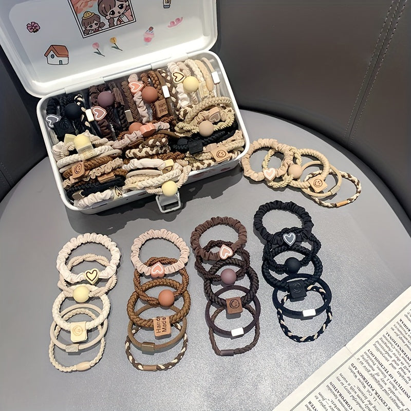 25pcs Boho Chic Women's Hair Ties Set - Cute Heart Charm &amp; Bead Elastic Headbands for All Hair Types, Perfect for Ponytails and Workouts, Bohemian Style