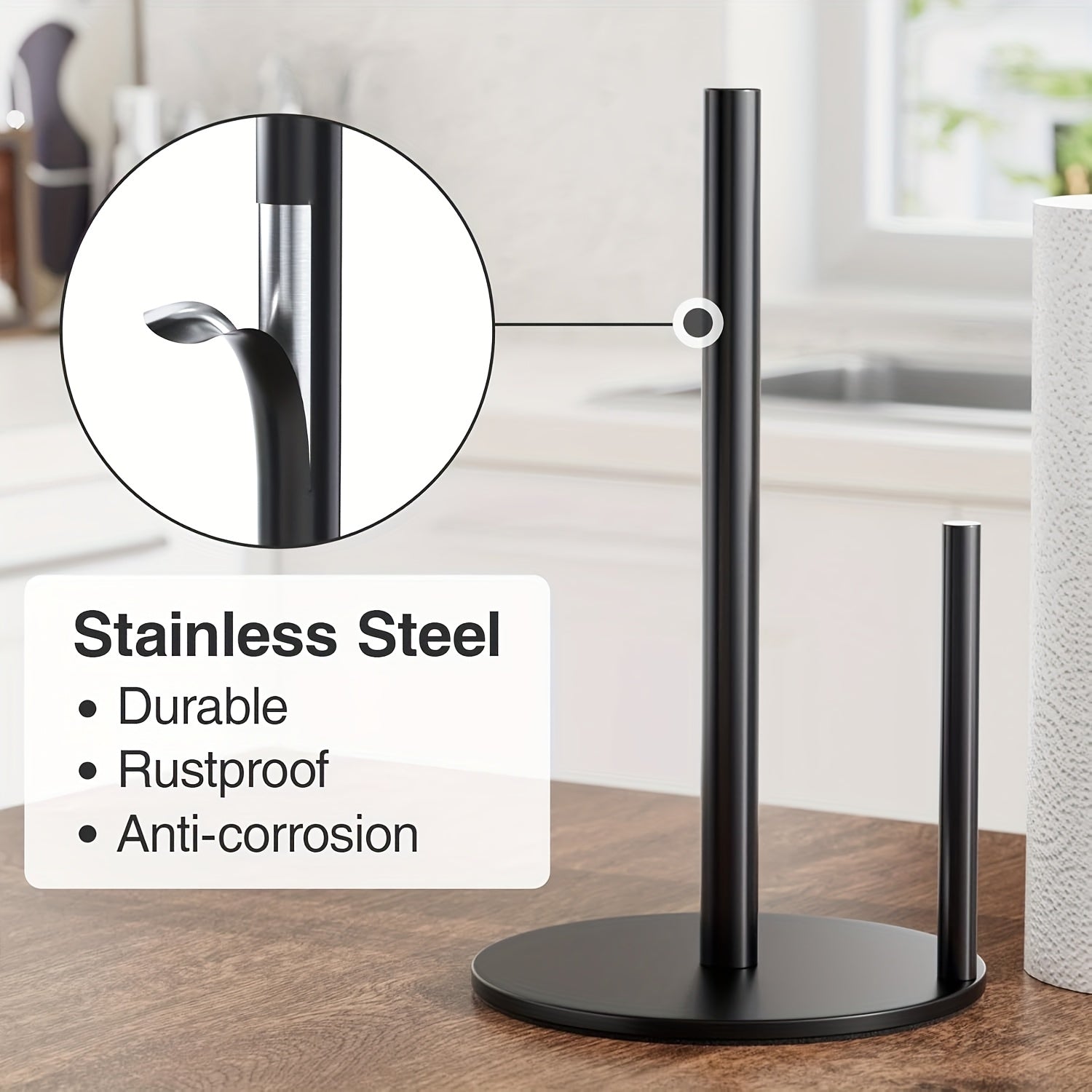 Distributeur essuie-tout en acier inoxydable premium, argenté, base lestée, pratique pour cuisine et rangement organisé.