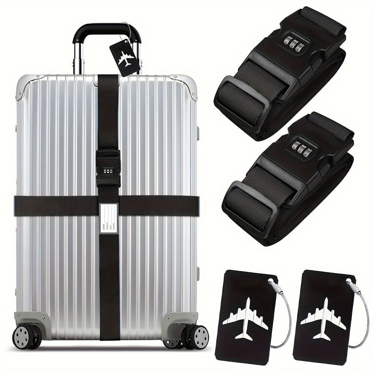 Lot de 4 sangles bagages en polypropylène, avec boucle combinée et fenêtre ID, durables et anti-vol, adaptées voyages et style minimaliste.