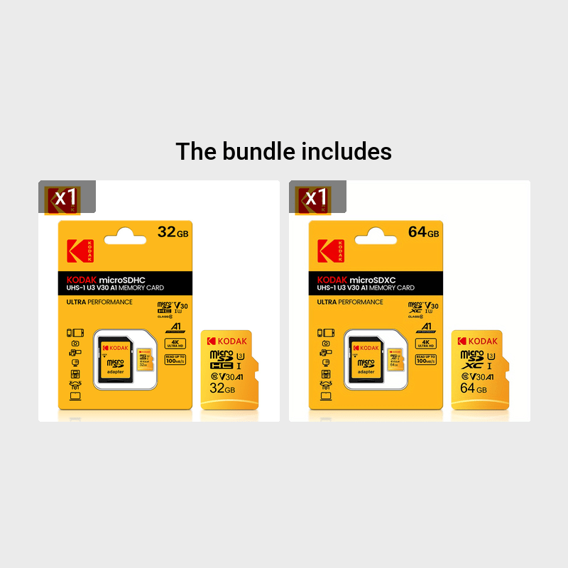 Carte Mémoire Kodak Micro TF U3 : Capacités 32 à 256 Go avec adaptateur SD, UHS-I haute vitesse, idéale 4K/120fps, compatible smartphones et caméras.
