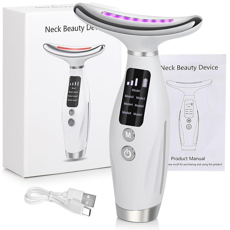 Appareil rechargeable visage et cou, 7 modes, massage vibrant et chauffant, USB, design ergonomique, idéal soins à domicile et cadeau beauté.