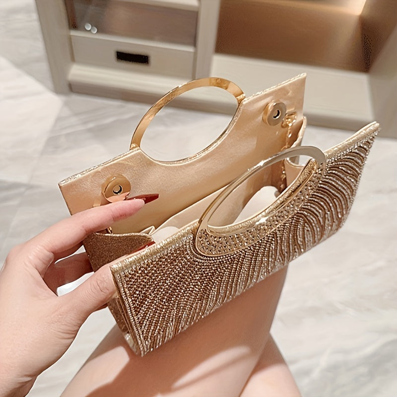 Elegant Golden Rhinestone Evening Clutch with Magnetic Closure - Polyester, Shoulder &amp; Handbag for Weddings, Bridesmaids, Parties, Mother'S Day Gift, Wedding Season Accessory|Rhinestone Embellished Bag|Polyester Clutc