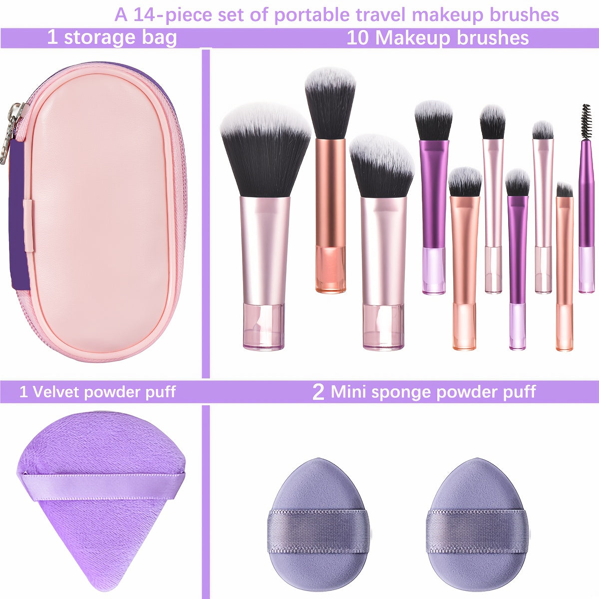 Set portable de pinceaux de maquillage avec éponge et houppette, parfait pour un kit complet d’outils cosmétiques en voyage.