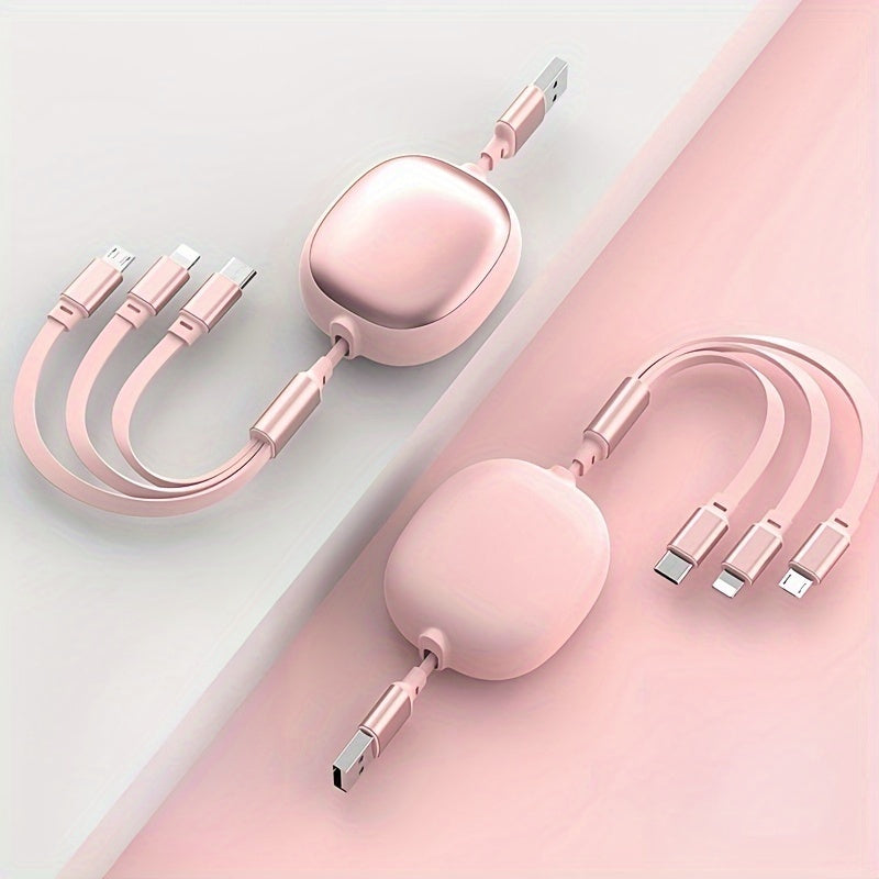 Câble USB rétractable 3-en-1, charge rapide 100 W, compatible USB-C/Micro USB/iPhone, transfert données 480 Mbps, alimentation ≤36 V.