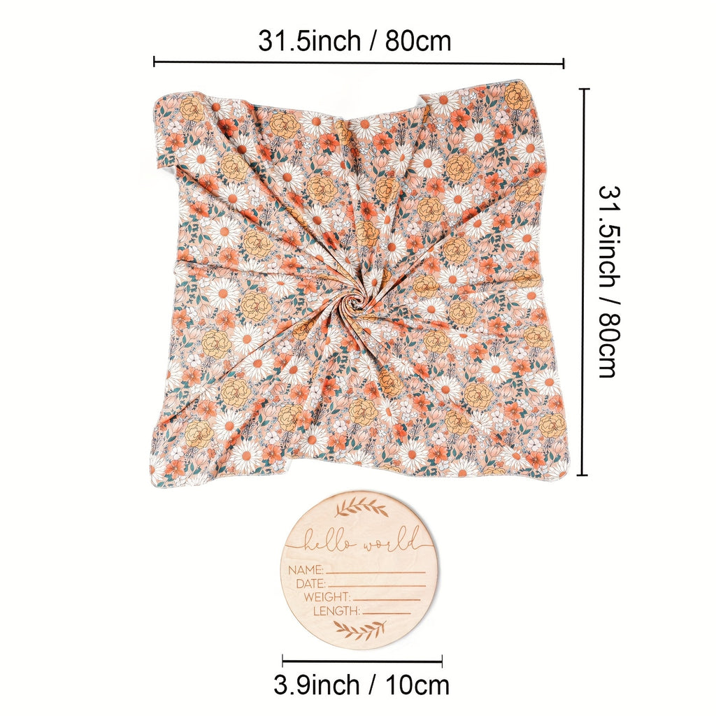 CINCOBEBÉ Newborn Swaddle Blanket &amp; Hat Set - Soft Polyester Baby Wrap with Floral Pattern, Machine Washable, Includes Headband &amp; Monthly Card, Perfect Gift for Boys and Girls, Newborn Essentials|Floral Pattern Blanket|Polye