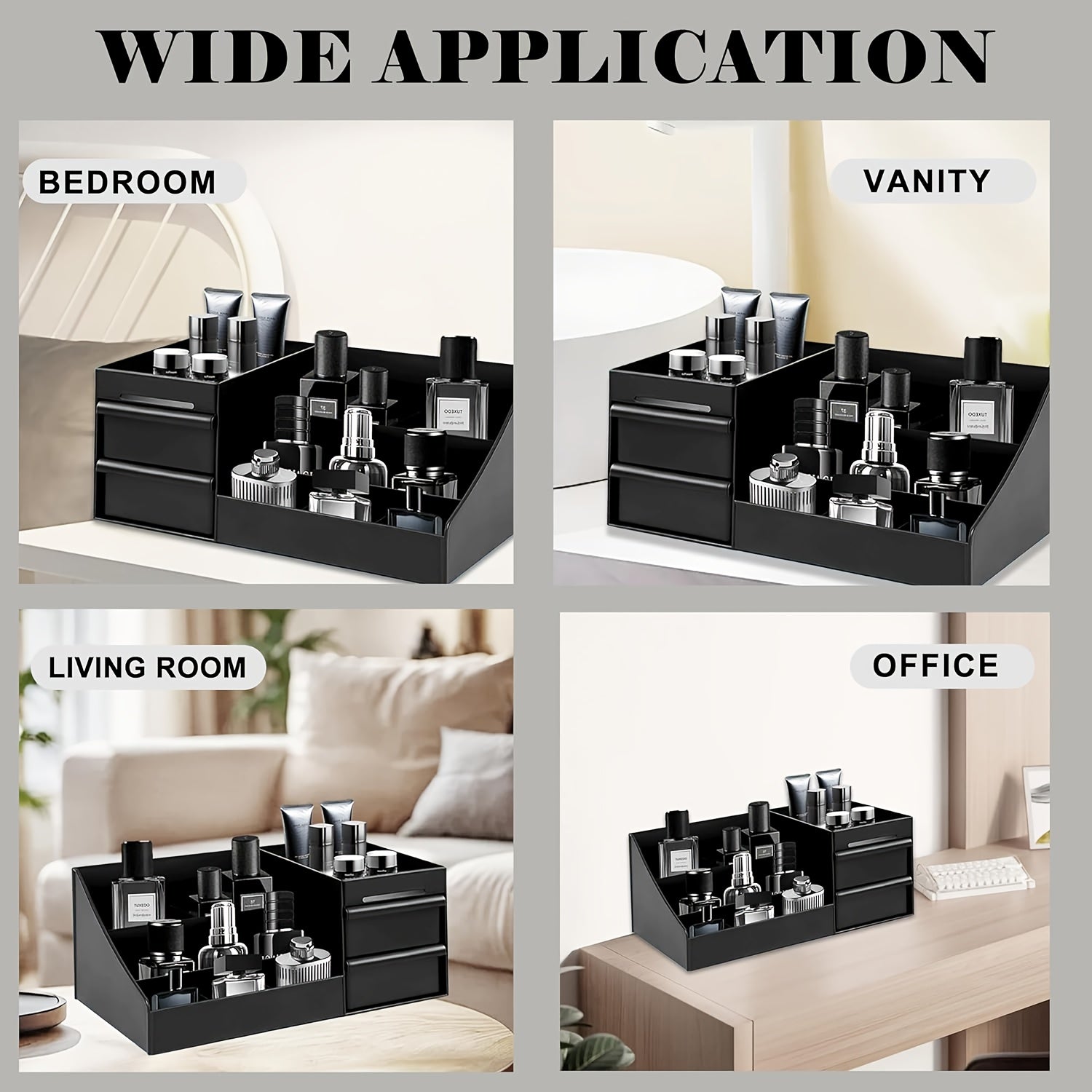 Organisateur pour parfums homme avec tiroirs, rangement soins et toilette, multi-compartiments, design moderne, plastique durable, idéal salle de bain ou coiffeuse.