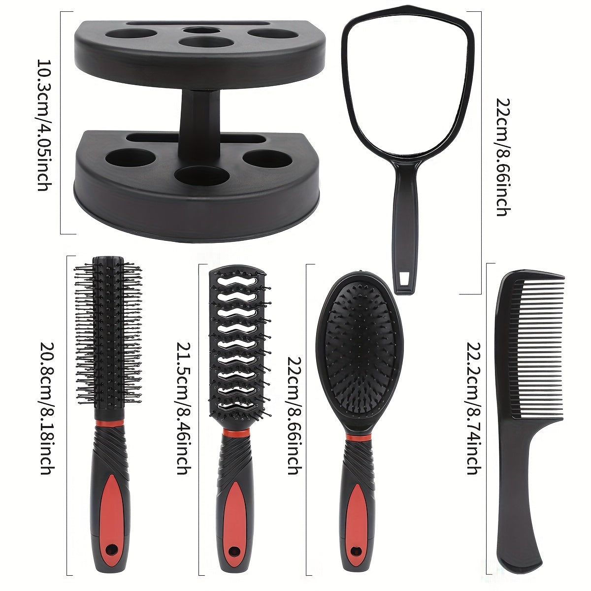 Set coiffure professionnel 5 pièces : brosses démêlantes, peignes massage cuir chevelu et miroir, parfait pour styling complet.