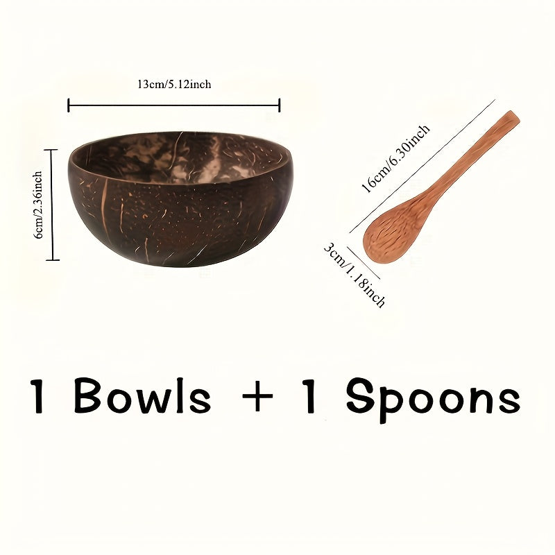 2pcs 1 Bowl +1 Spoon Handcrafted Coconut Shell Salad Bowls with Wooden Utensils -, Perfect for Serving Fruits &amp; Grains. Ideal Gift Picks: Back-to-School Season