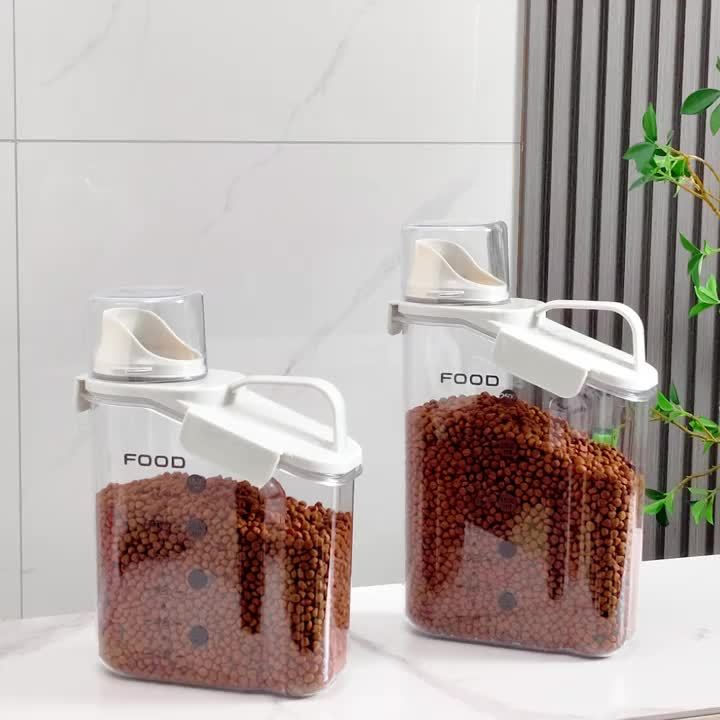 Boîte de stockage alimentaire pour animaux 2-3 kg, hermétique et anti-humidité, avec poignée et mesurette, transparente, pratique pour croquettes.