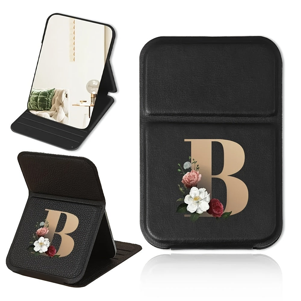 Miroir de maquillage pliable portable, design floral noir et doré, léger, étanche et anti-poussière, parfait cadeau pour enseignants et proches.