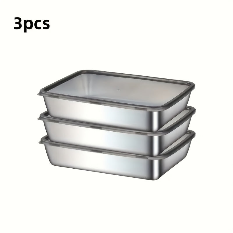 Lot de 3 grands plats de cuisson rectangulaires en acier inoxydable avec couvercles, antiadhésifs, faciles à nettoyer, idéaux pour rôtir légumes, viandes et plus.