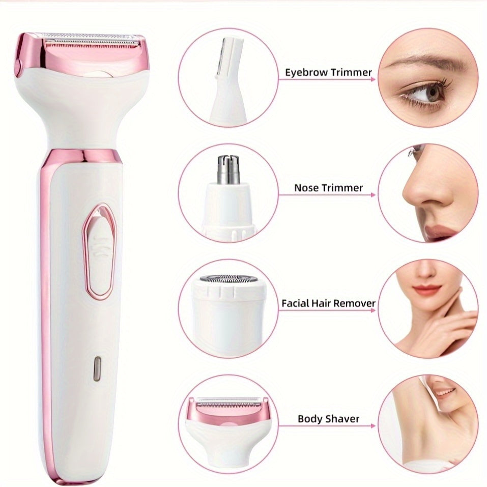 Épilateur 4 en 1 USB rechargeable pour femmes, visage, sourcils, nez et jambes, design compact et adapté aux teints clairs, idéal voyage et cadeau.