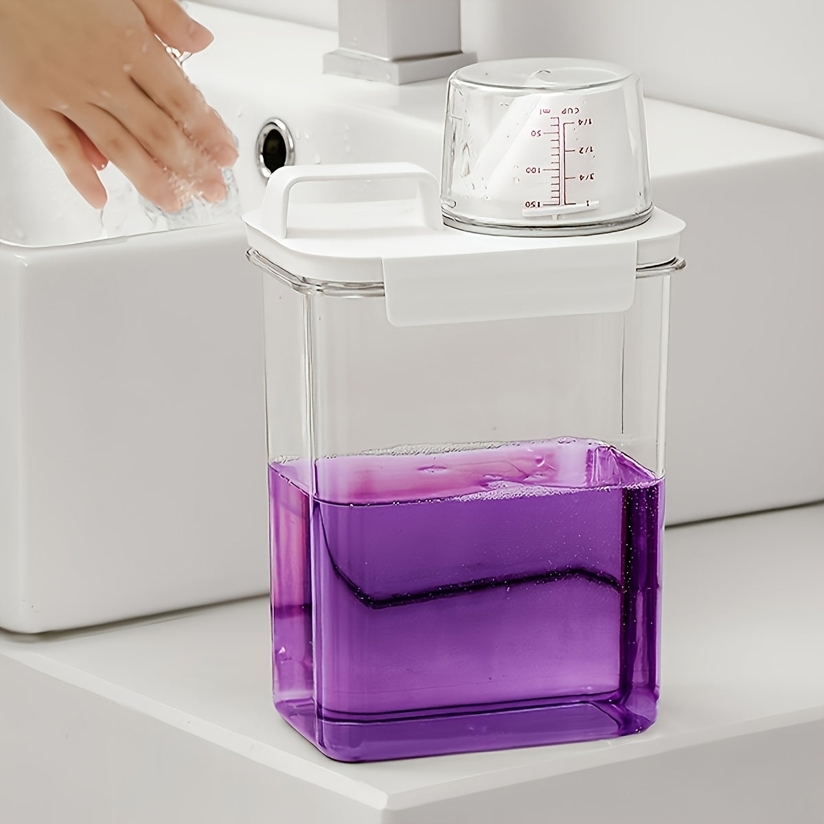 Large Capacity Laundry Detergent Dispenser with One-Touch Lever &amp; Spill-Proof Nozzle - Transparent Sealed Plastic Container, Hygienic Leakproof Lid