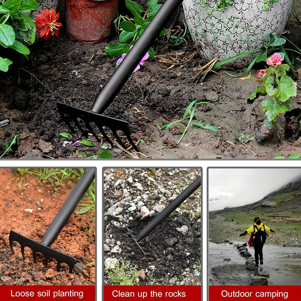 1pc Chuangyi Network Heavy Duty Carbon Steel Garden Hand Rake with Ergonomic Rubber Grip - Multi-Pronged Mini Hand Cultivator for Digging, Raking Leaves, Weeding, Lawn Care &amp; Soil Aeration - Durable Gardening Tool, Weeding Eq