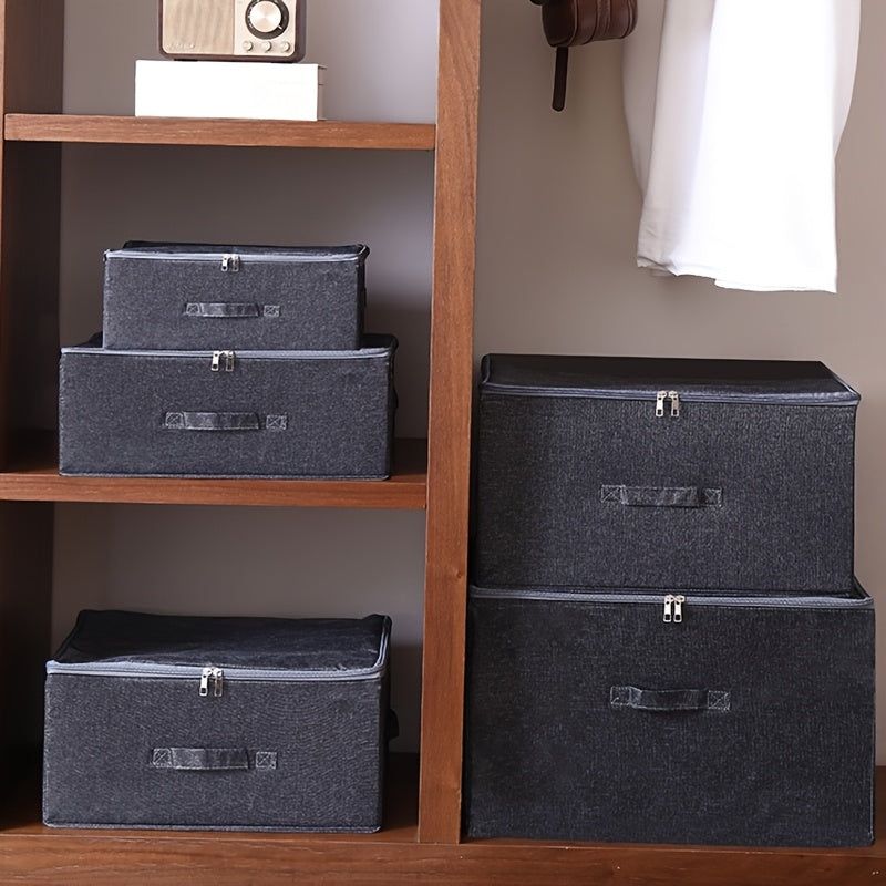 Boîte de rangement pliable grande capacité avec couvercle, organise vêtements et literie, idéale pour placard ou sous le lit.