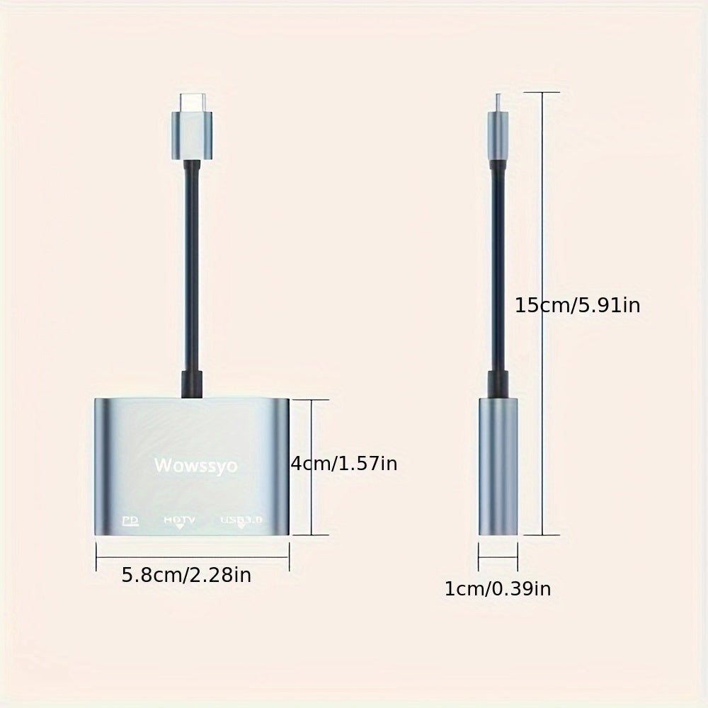 Hub USB-C 3-en-1 Wowssyo : Adaptateur aluminium, ports USB 3.0, PD 100 W, sortie 4K HDTV, compatible MacBook, iPad, PC et Nintendo Switch.