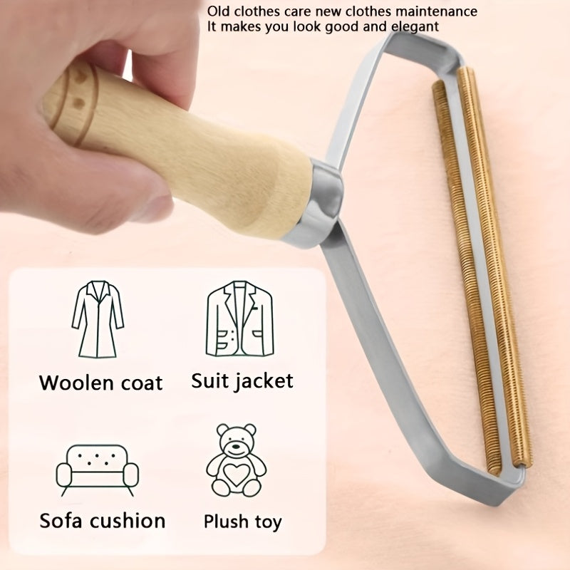 Portable Manual Lint Remover - Double-Sided Fabric Shaver for Pet Hair, Clothes, Sofa &amp; Carpet Cleaning, Wooden Handle &amp; Metal Frame, Ideal Home Utility Gift for Family and Friends