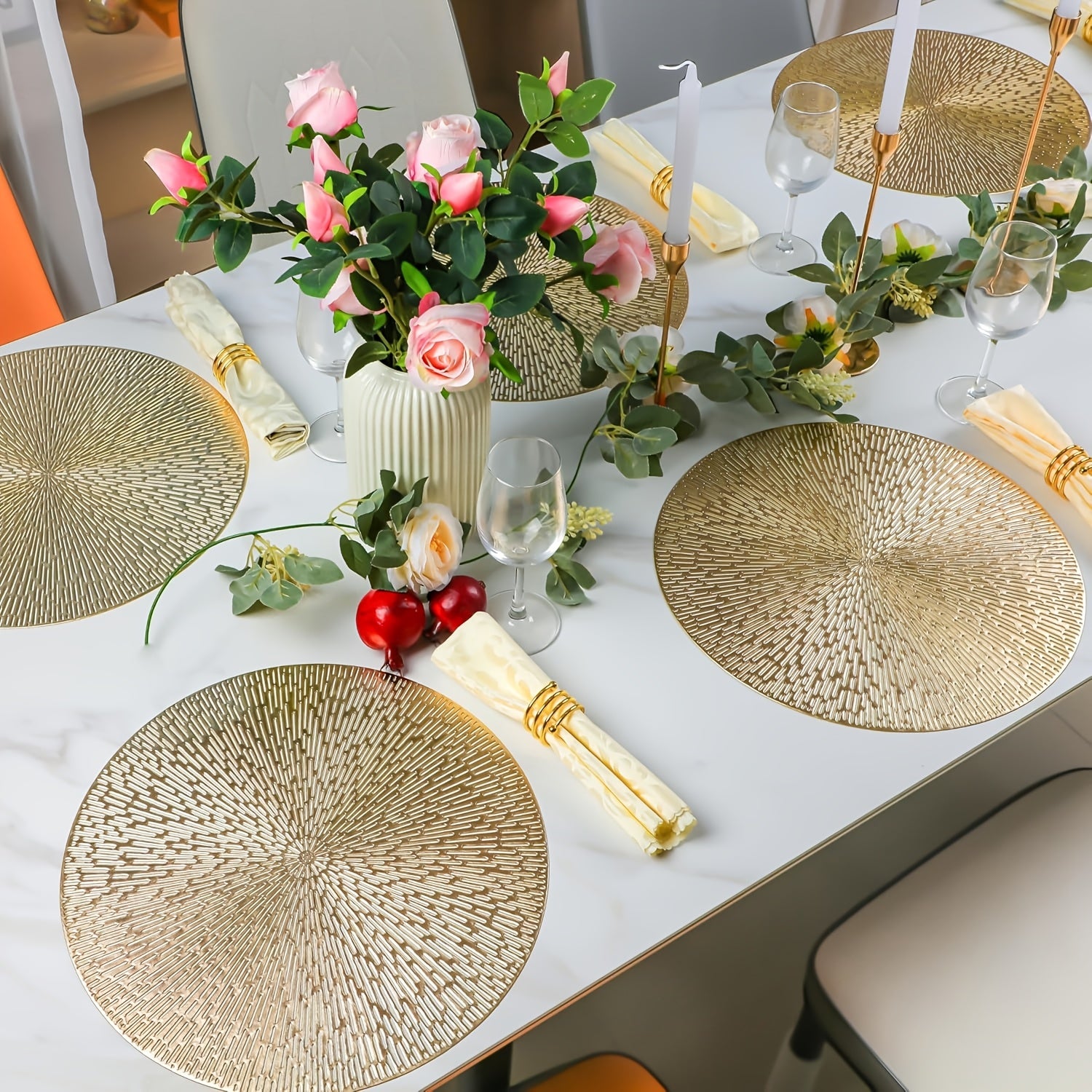 Lot 4/6 sets de sets de table ronds en vinyle, doré/argenté/rose, diamètre 38,1 cm, lavables et faciles à nettoyer, décoration table et fêtes.