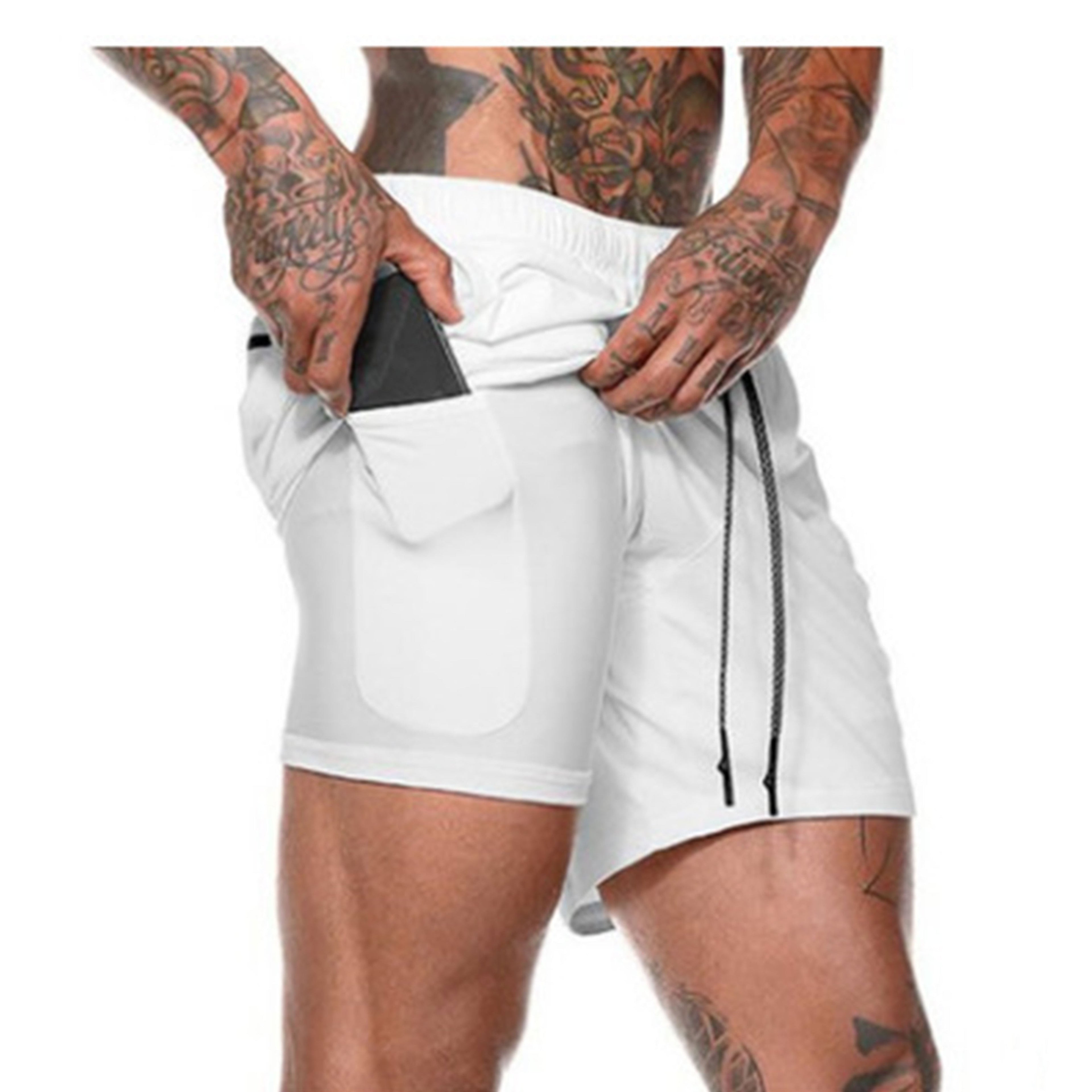 Shorts hommes 2-en-1 été, sport extérieur, cordon ajustable, poches sécurisées, tissu respirant et séchage rapide, parfait gym et running.