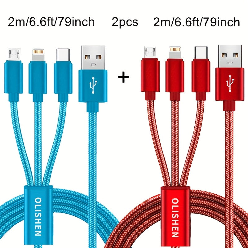 2pcs 3-in-1 Fast Charging Cable | Durable Nylon Braided, Compatible with iPhone, Samsung, Xiaomi, Oppo, Vivo, Redmi, OnePlus & More, Supports USB Charging, 10W Output Power
