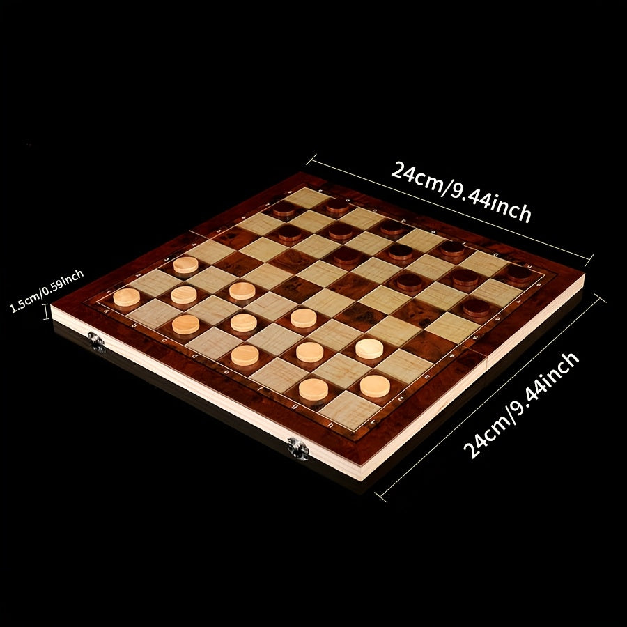 Jeu d’échecs en bois 3‑en‑1, pliable et portable, tailles 24 cm et 34 cm, idéal pour parties à emporter.