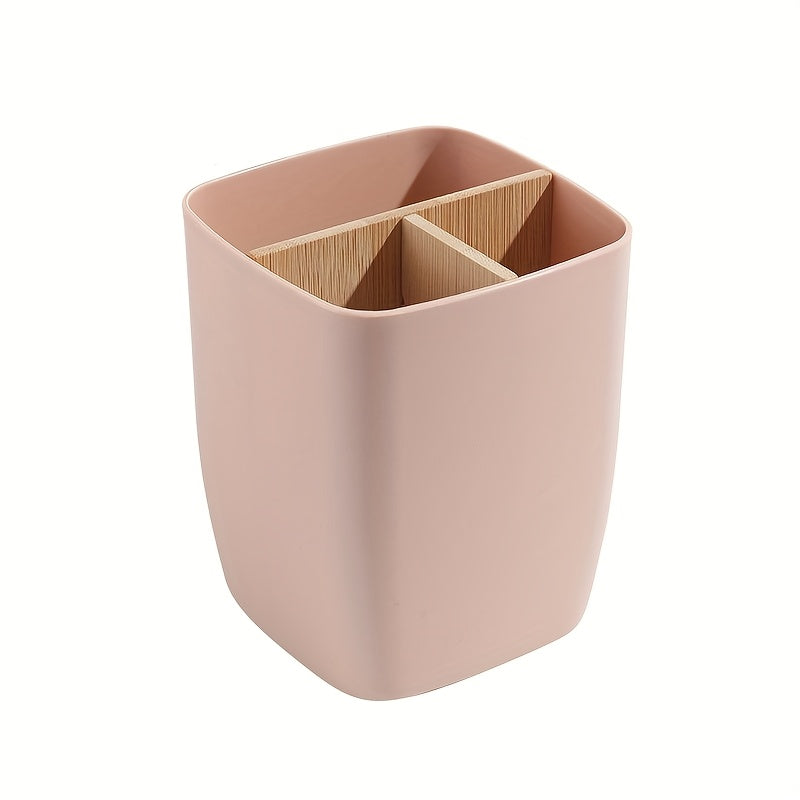 1pc Bamboo-Like Plastic Desk Organizer with Pen Holder &amp; Jewelry Storage - 3/4 Compartment Standalone Multi-Purpose Box for Office, Bathroom, Bedroom - Storage Shelf for Earrings, Rings, Makeup, Small Items (Low, Desk &amp; Drawe