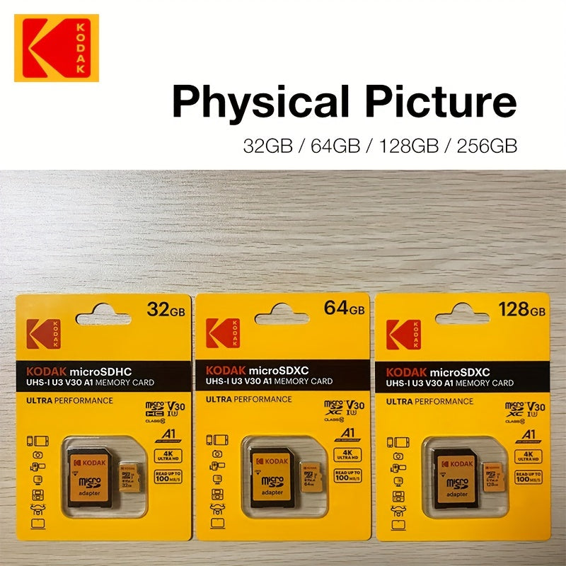 Carte Mémoire Kodak Micro TF U3 : Capacités 32 à 256 Go avec adaptateur SD, UHS-I haute vitesse, idéale 4K/120fps, compatible smartphones et caméras.