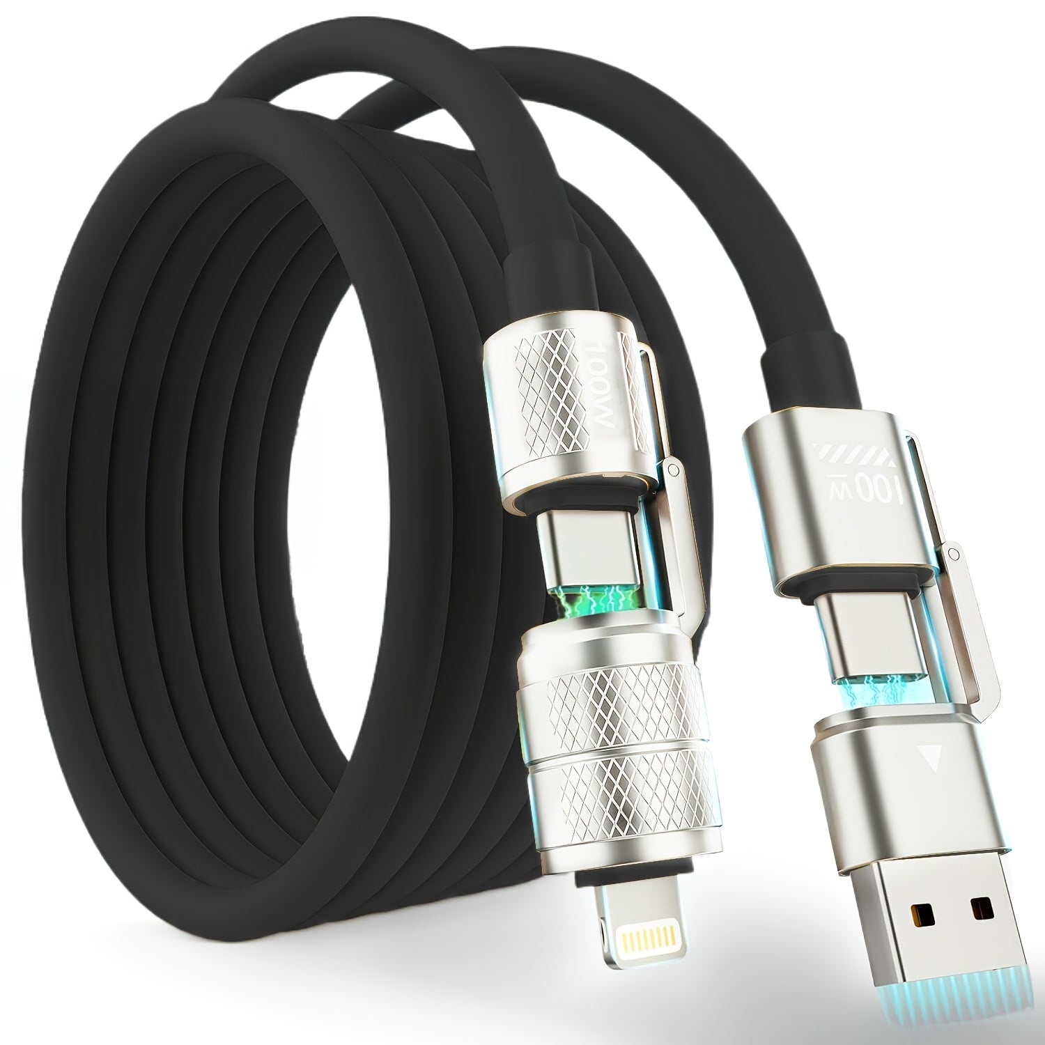 Câble de Charge 4-en-1 USB-C 100W : Type C/A vers C/Lightning, compatible iPhone, MacBook, iPad, Samsung, Huawei, Xiaomi, recharge multiple universelle.