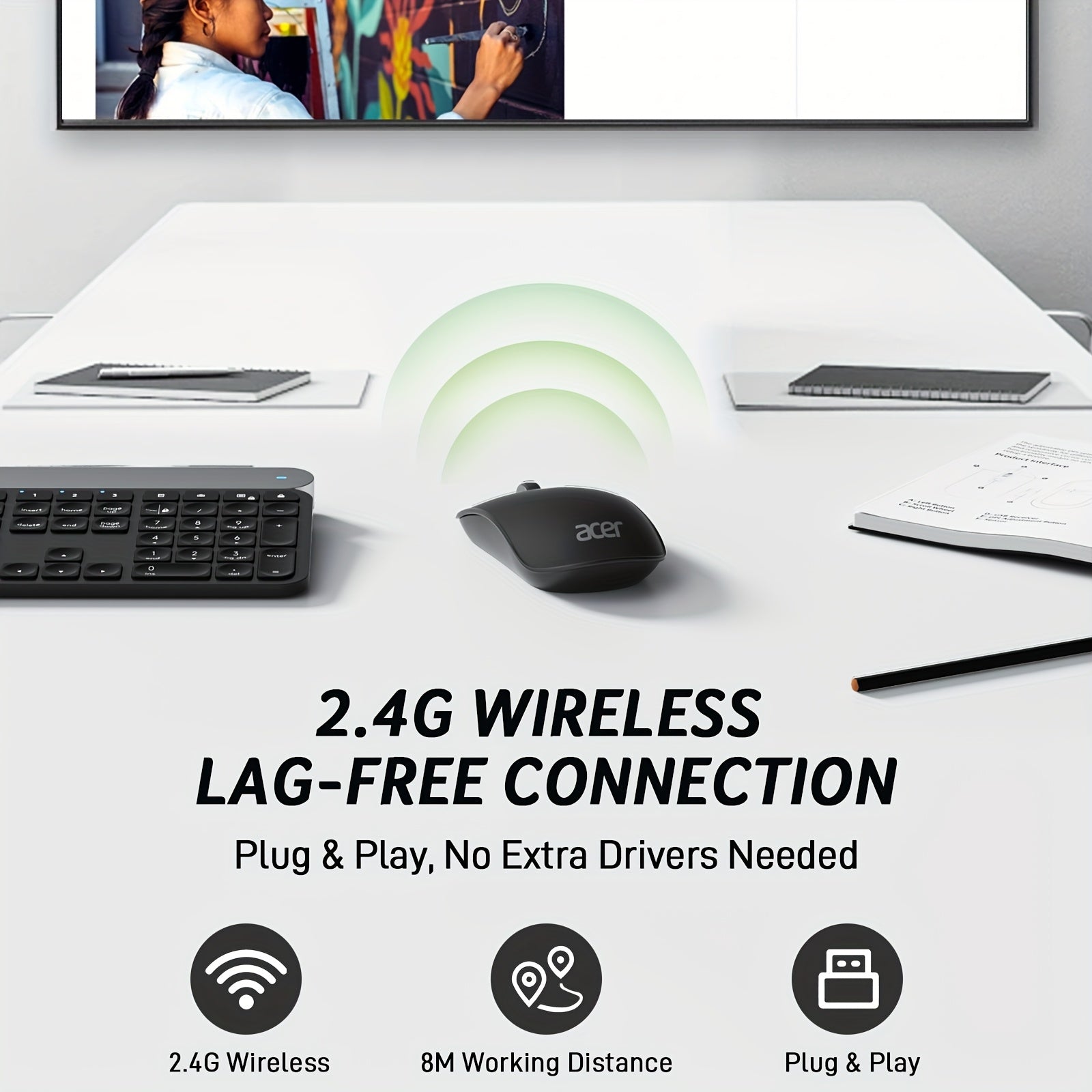 ACER 2.4G Slim USB Wireless Mouse | Right-Handed, Optical Sensor, Battery Powered, Portable for Laptop, Desktop, PC with 4 Buttons