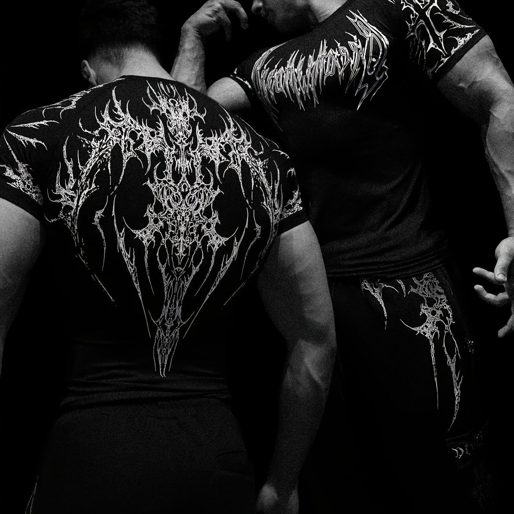 T-shirt compression 2025, haute élasticité, séchage rapide, motif géométrique rouge, maintien musculaire performant, adapté entraînement hommes et femmes.