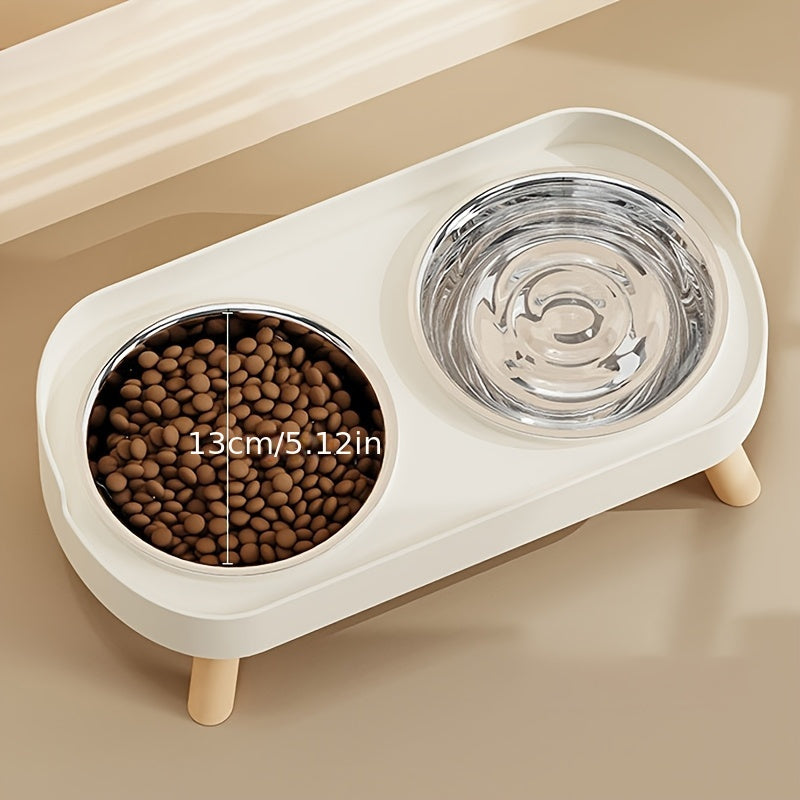 Bol double surélevé pour chats et chiens, acier inoxydable/plastique, barrière anti-éclaboussures, combine eau et nourriture pour confort et propreté.