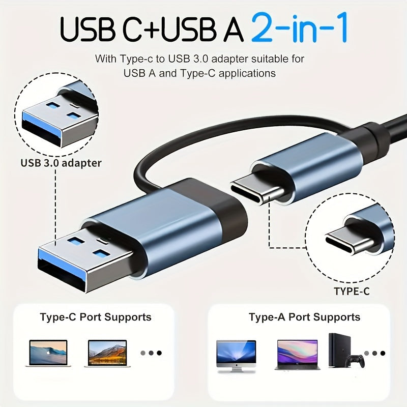 Adaptateur USB 3.0 7-en-1 à haute vitesse, expansion multiport avec connecteurs Type-C et USB-A, compatible tablettes, alimentation USB 5 V.