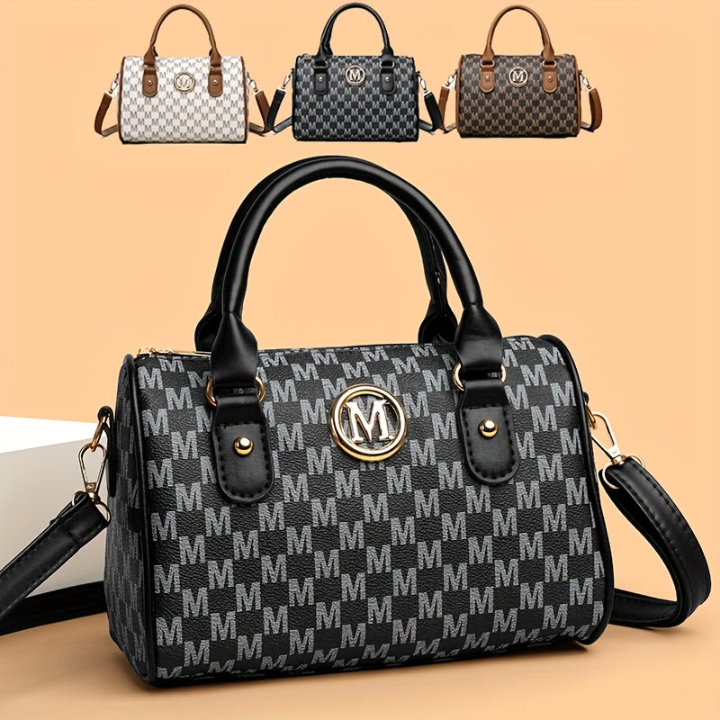 Perfect Lily Women'S Mini Shoulder Bag with Golden "M" Monogram - Elegant Houndstooth Design, Detachable Strap, Lightweight Synthetic Faux Leather Purse for Work, Travel, Parties &amp; Gifts (White/Black/Brown), Small Crossbody B